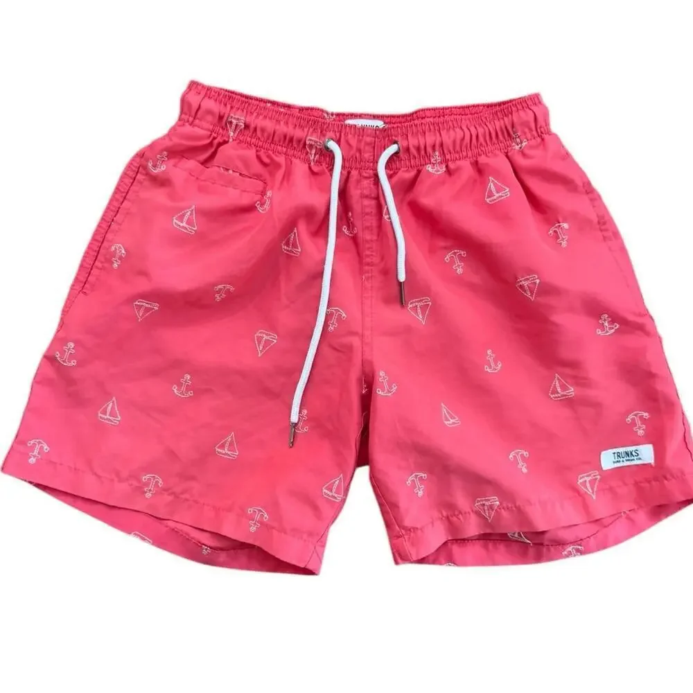 Trunks Surf & Swim Red Beach Embroidered Elastic Waist Drawstring Shorts Size S